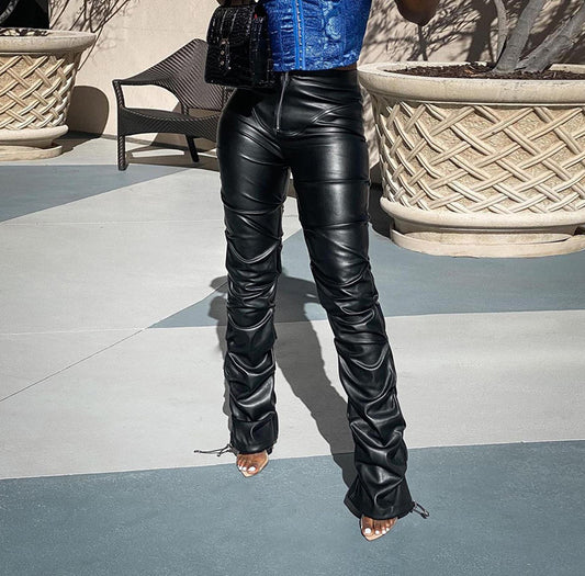 Fashion Street Shooting Casual Faux Leather Trousers